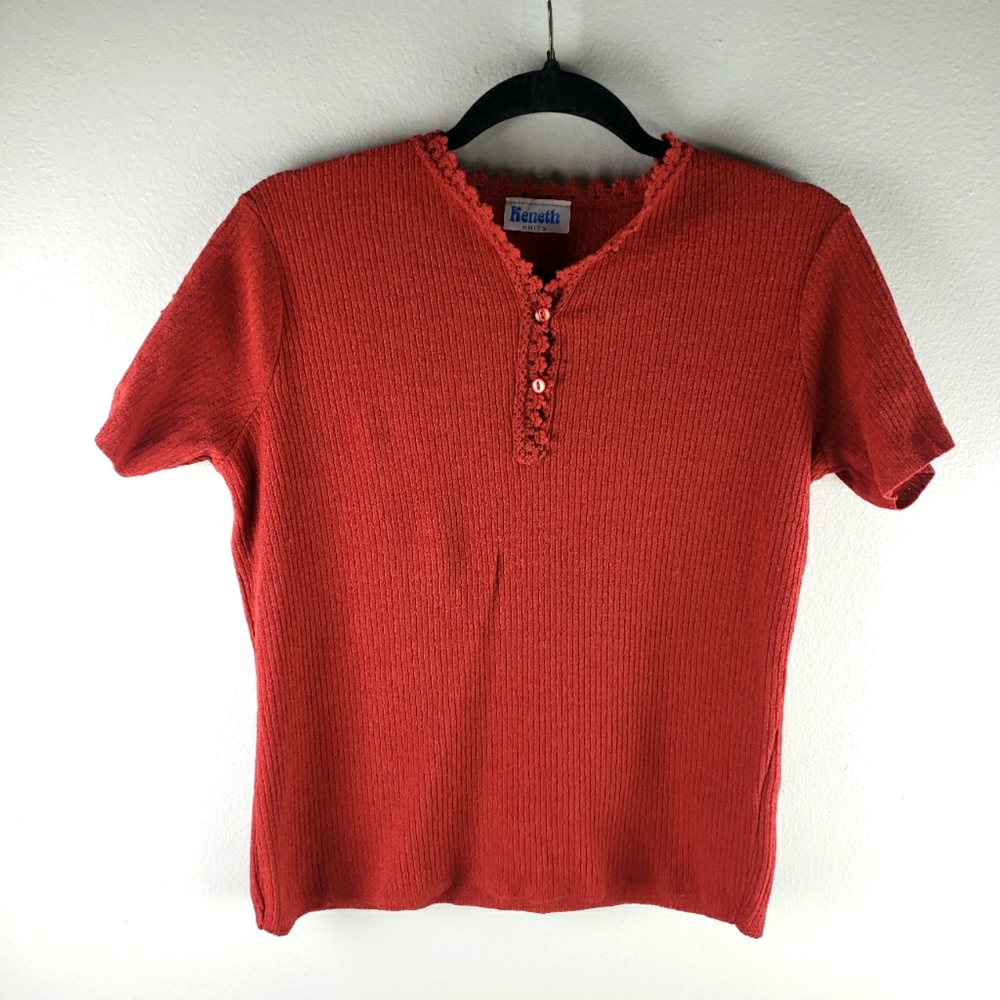 Women's Vintage Keneth Knits Red Ribbed Short Sleeve Button Up Shirt Soze XL